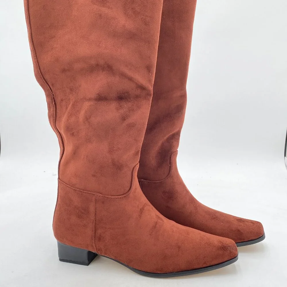 Brown Women Classic Over The Knee High Boots Square Toe Chunky Heel Long Booties